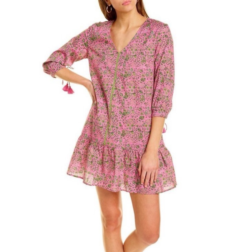 Celina Moon Pink & Green Floral Print‎ Tassels Relaxed Fit Mini Dress Medium